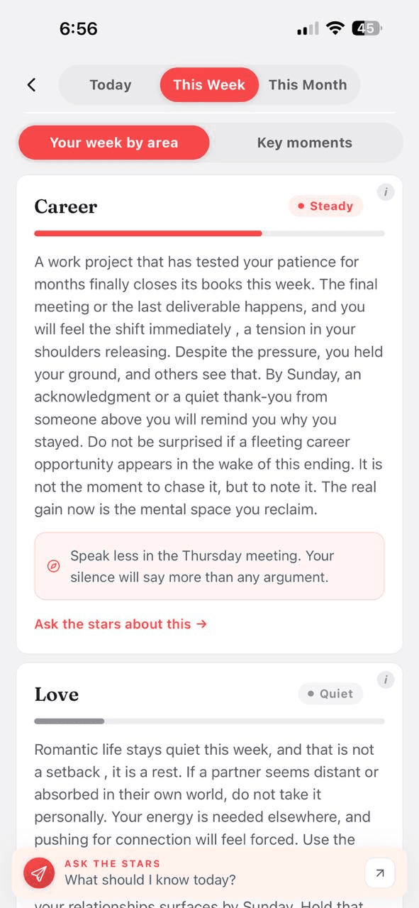 Weekly horoscope by area in Karma Code