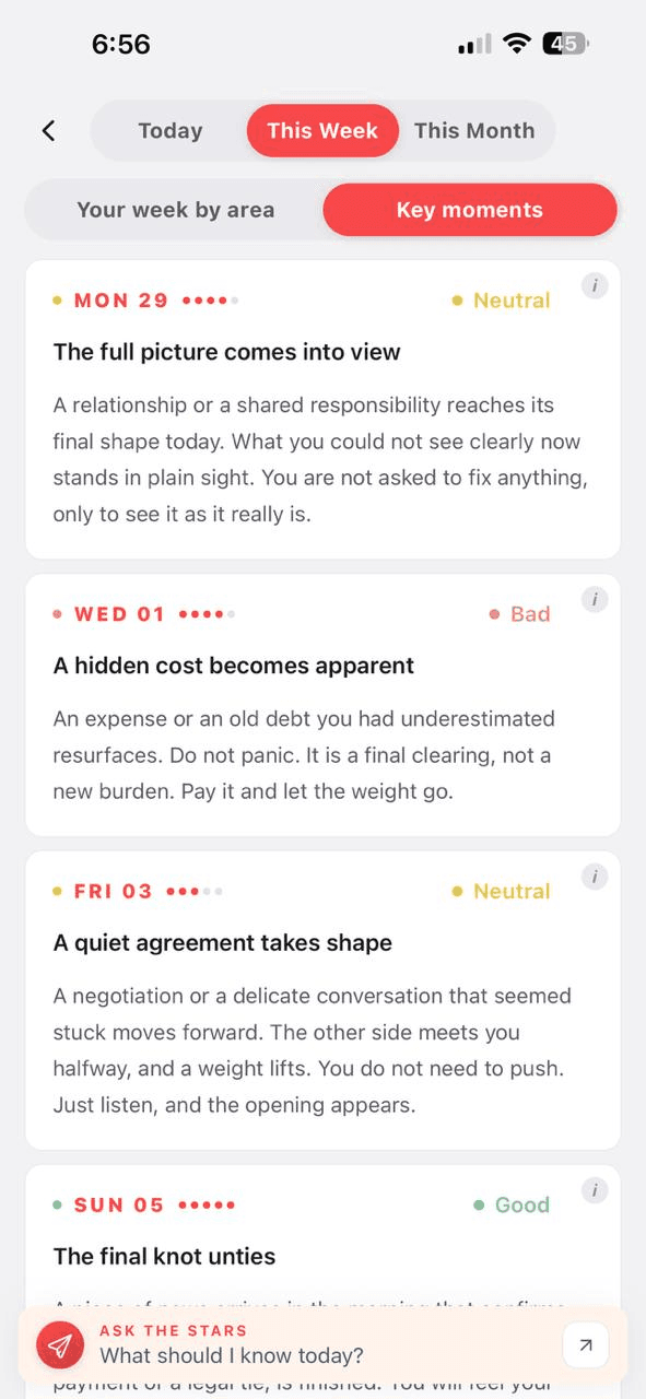 Weekly horoscope key moments in Karma Code