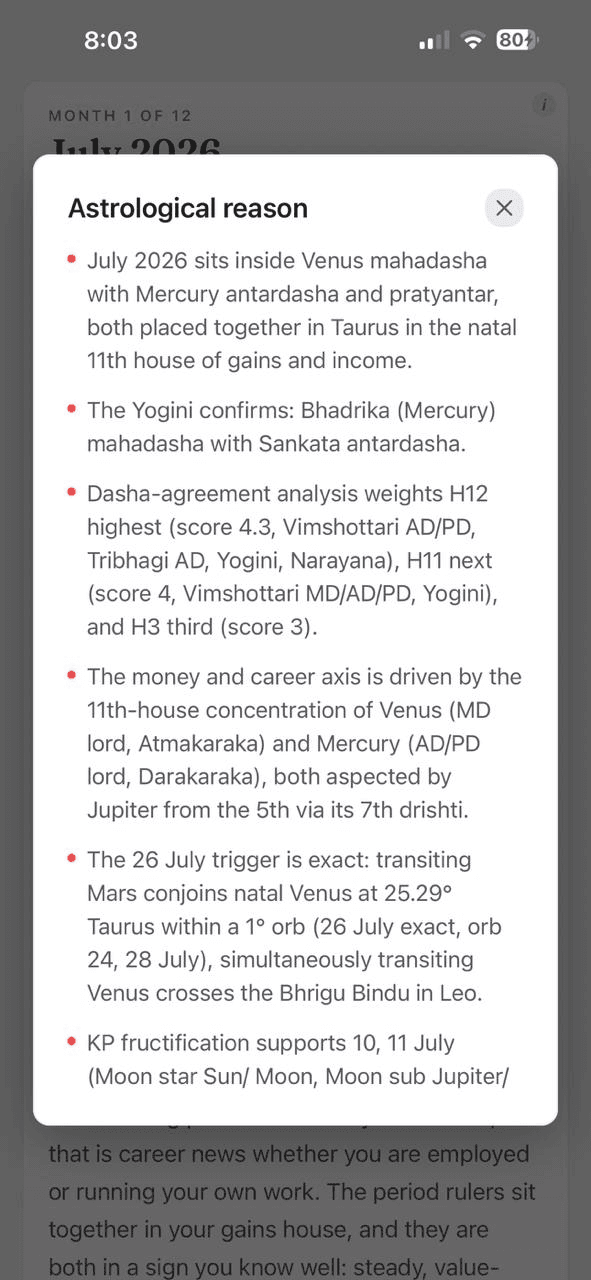 Report astrological reason modal in Karma Code