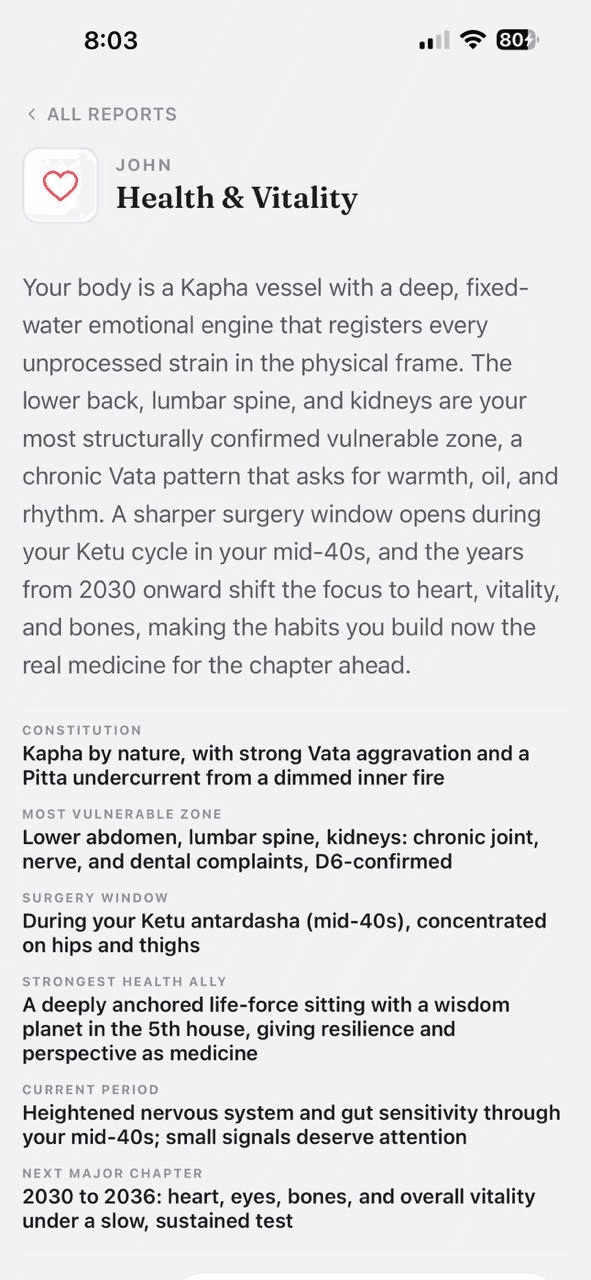 Health and vitality report in Karma Code