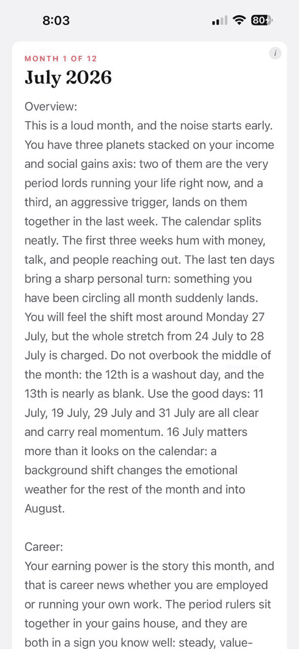 Monthly predictions report overview in Karma Code