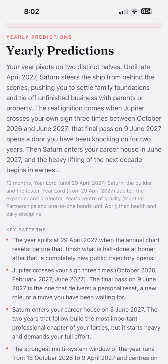 Yearly predictions report opening in Karma Code